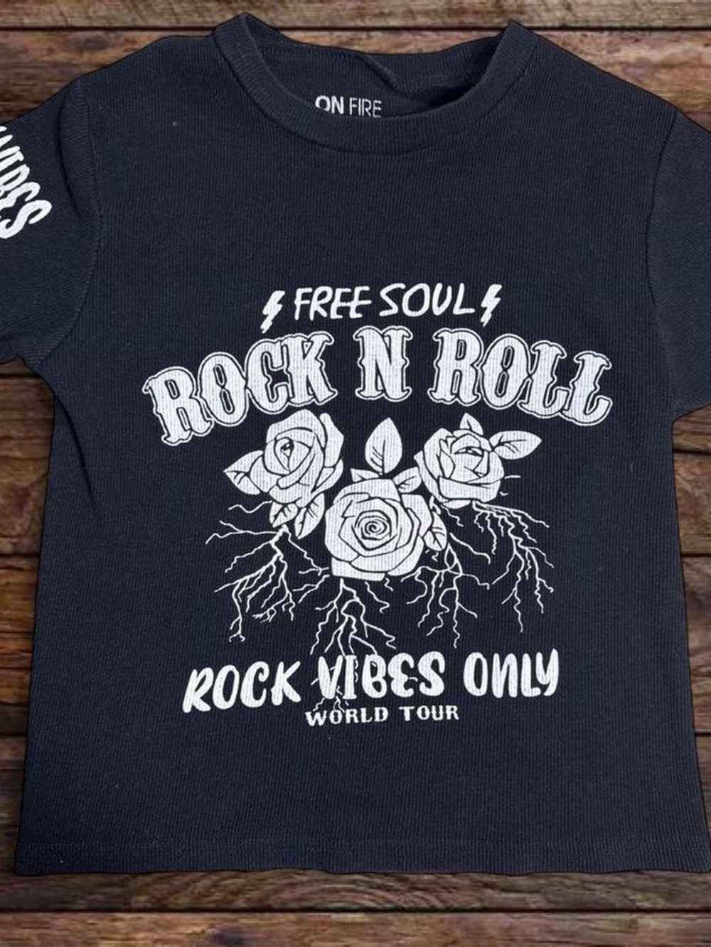 On Fire Black Short Sleeve Tee with White Rock N Roll Graphic